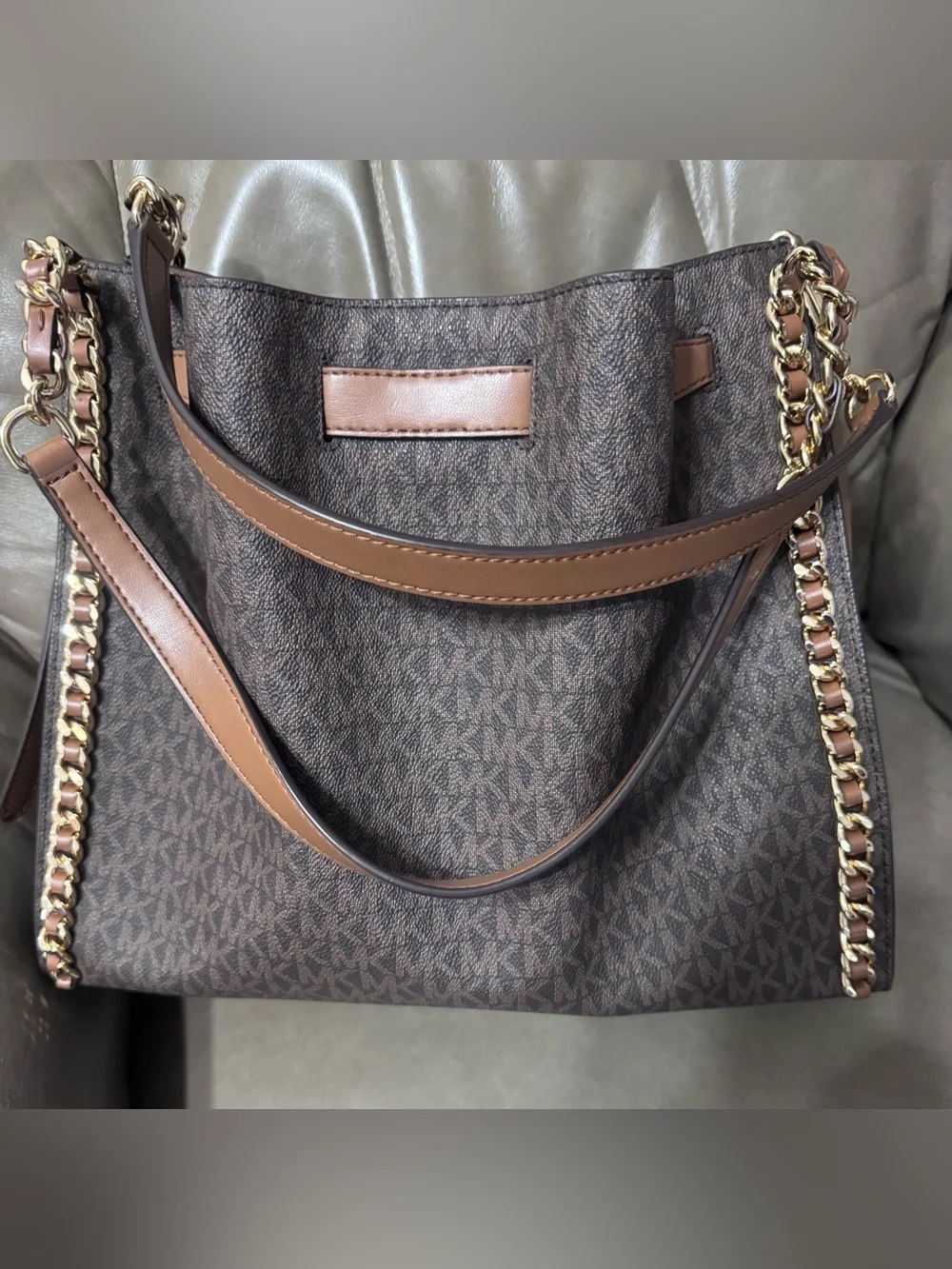 Michael Kors Brown and Tan MK Logo Chain-Trim Large Shoulder Bag